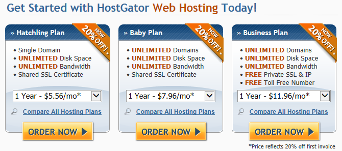 HostGator Plans and Pricing (click to enlarge)